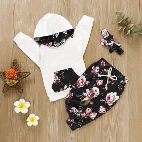 3-piece Retro Floral Splice Hoodie with Headband & Pants for Baby Girl