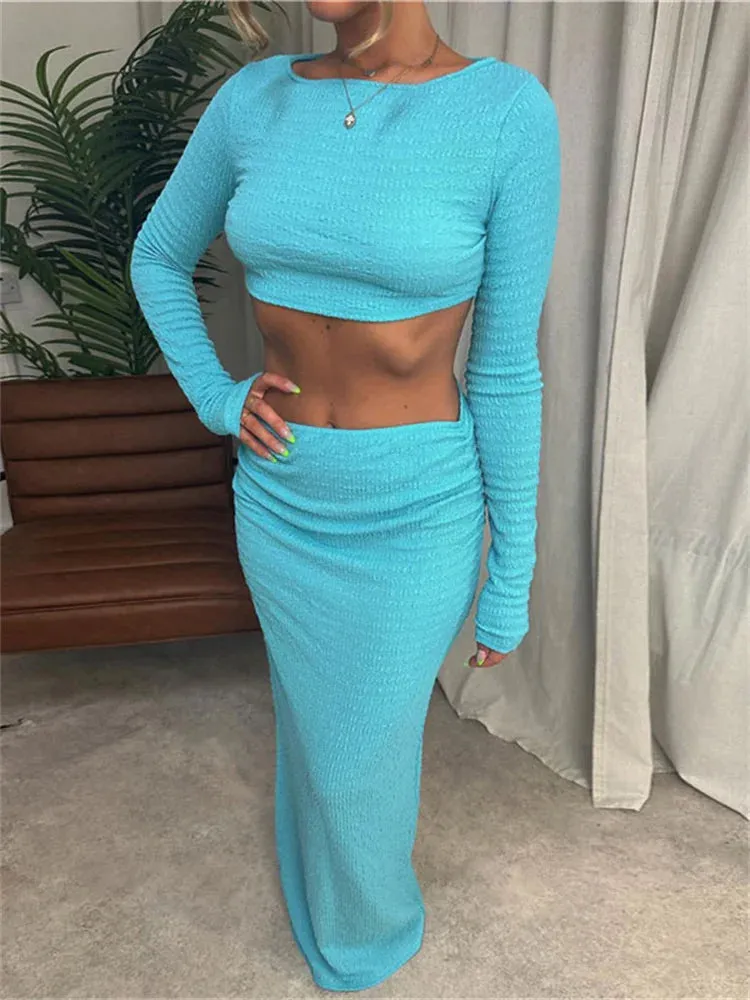 A&A Two Piece Set Long Sleeve Crop top And Maxi Skirt Outfit