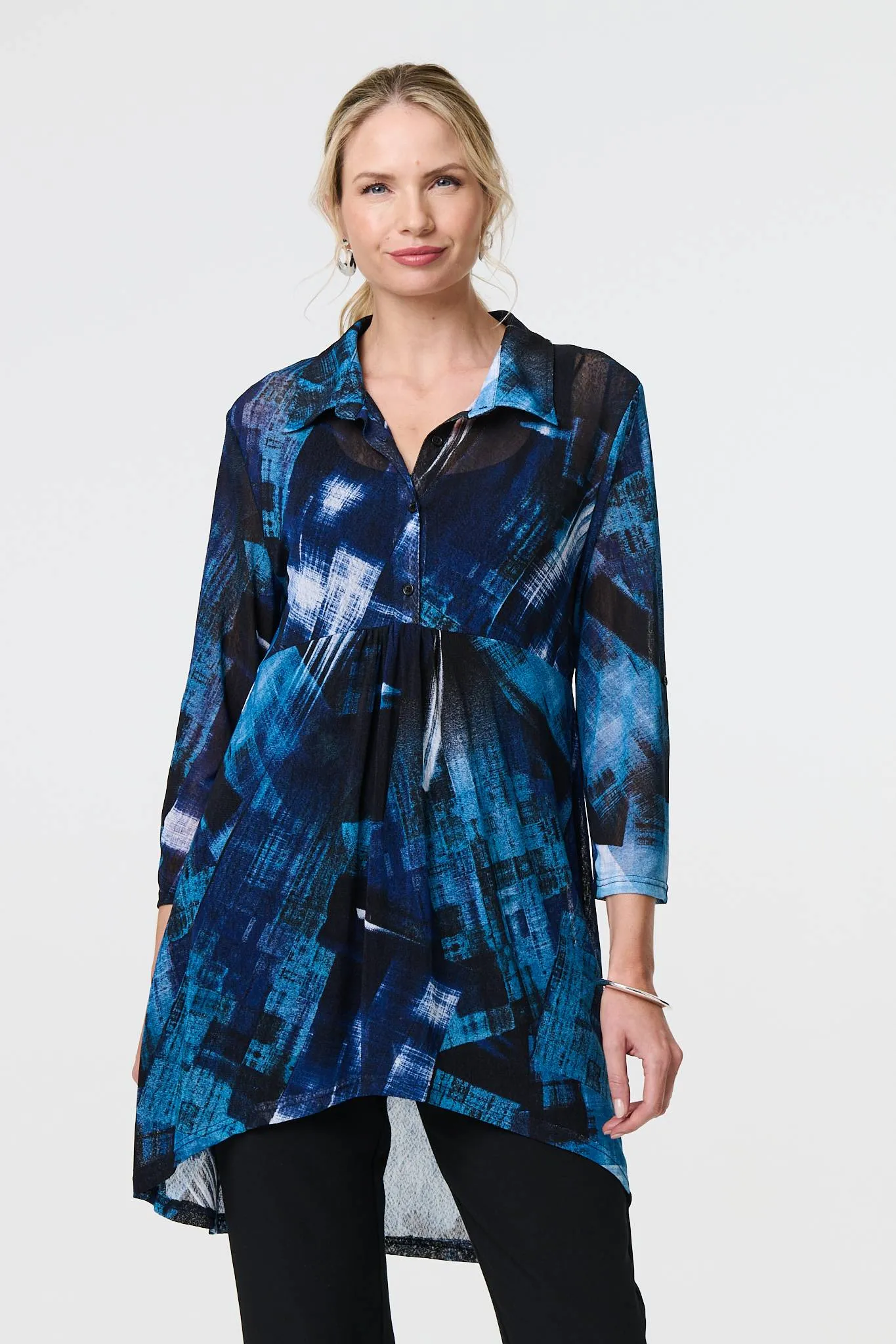 Abstract Sheer Curve Hem Longline Shirt