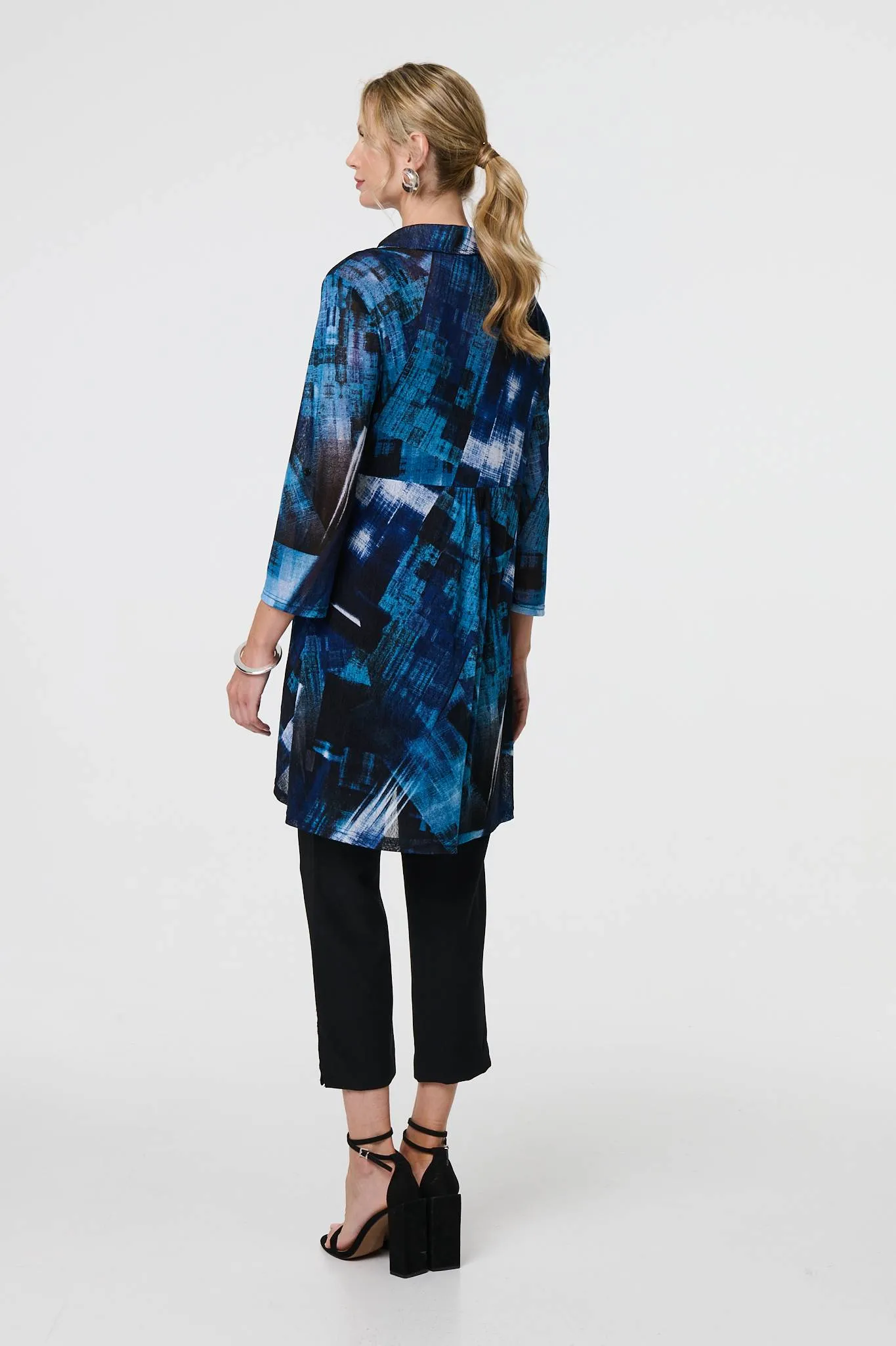 Abstract Sheer Curve Hem Longline Shirt