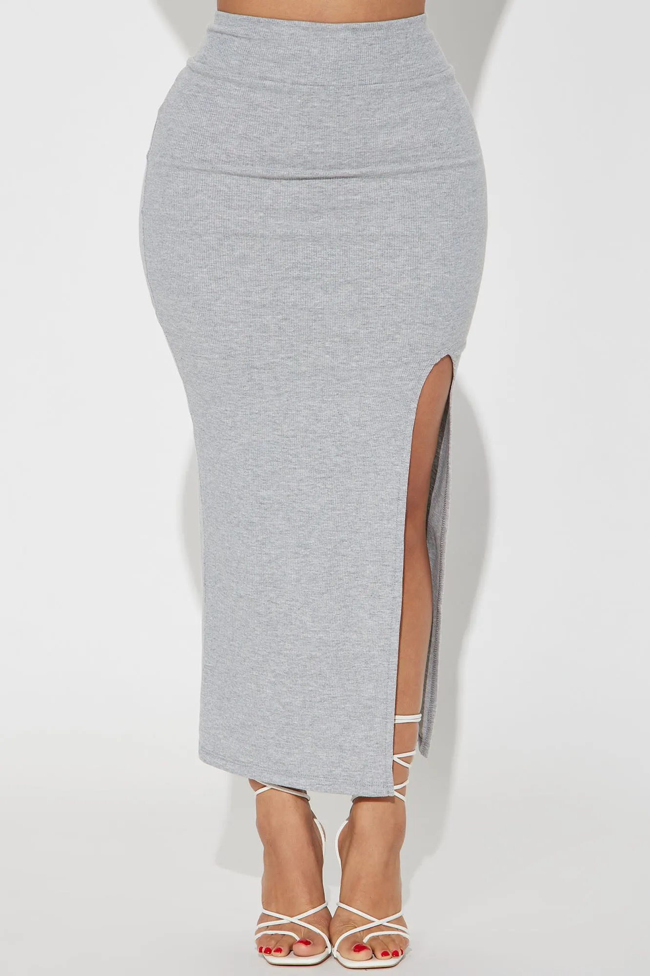 Addilynn Ribbed Slit Maxi Skirt - Heather Grey