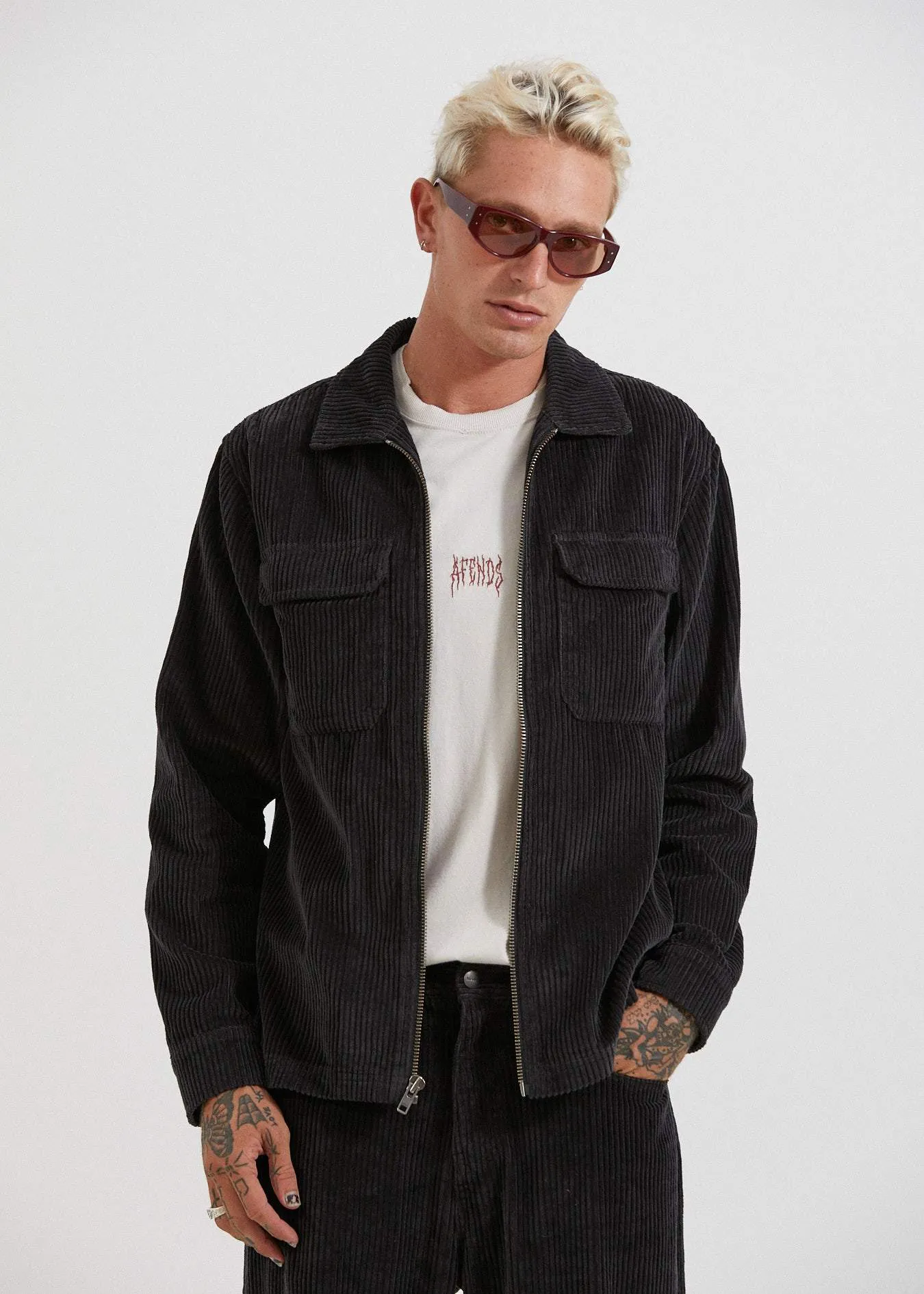 Afends Mens Bones - Corduroy Zip Work Jacket - Raven