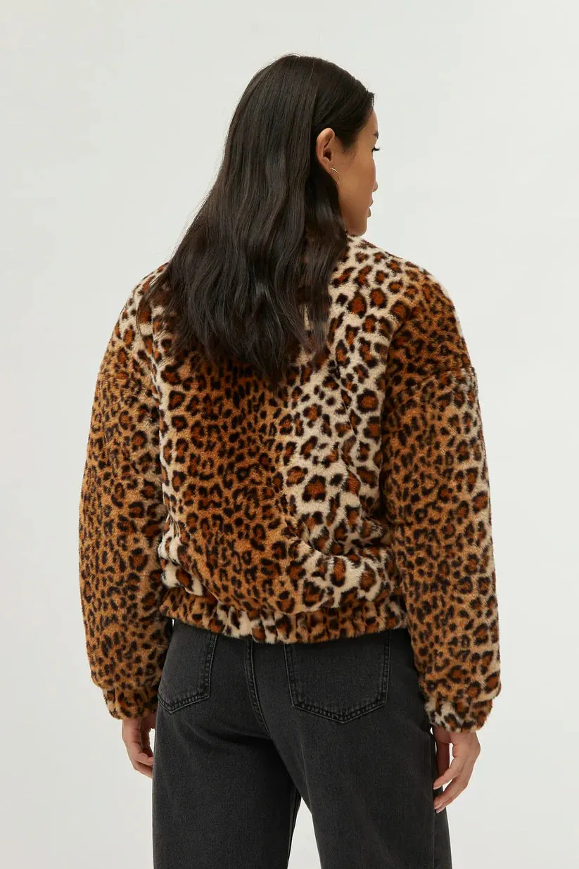 Animal Print Faux Fur Bomber Jacket