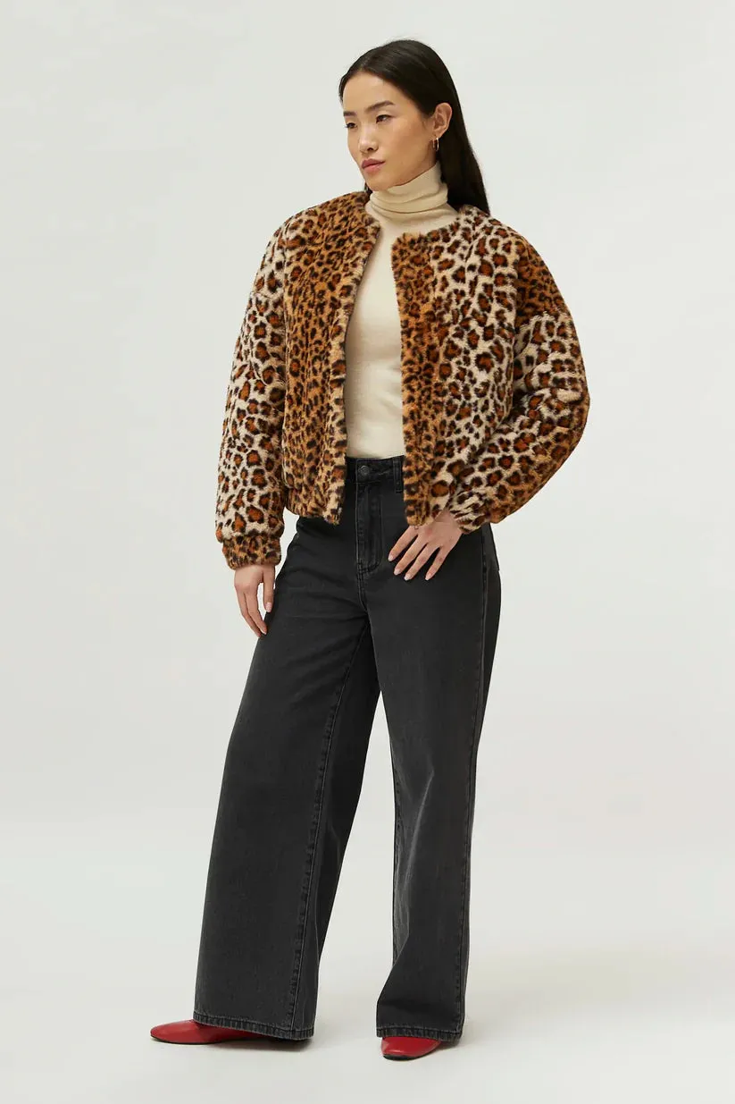 Animal Print Faux Fur Bomber Jacket