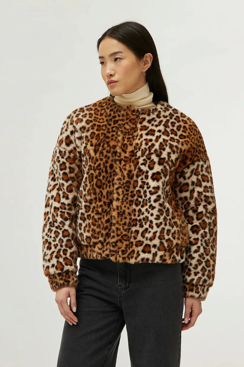 Animal Print Faux Fur Bomber Jacket