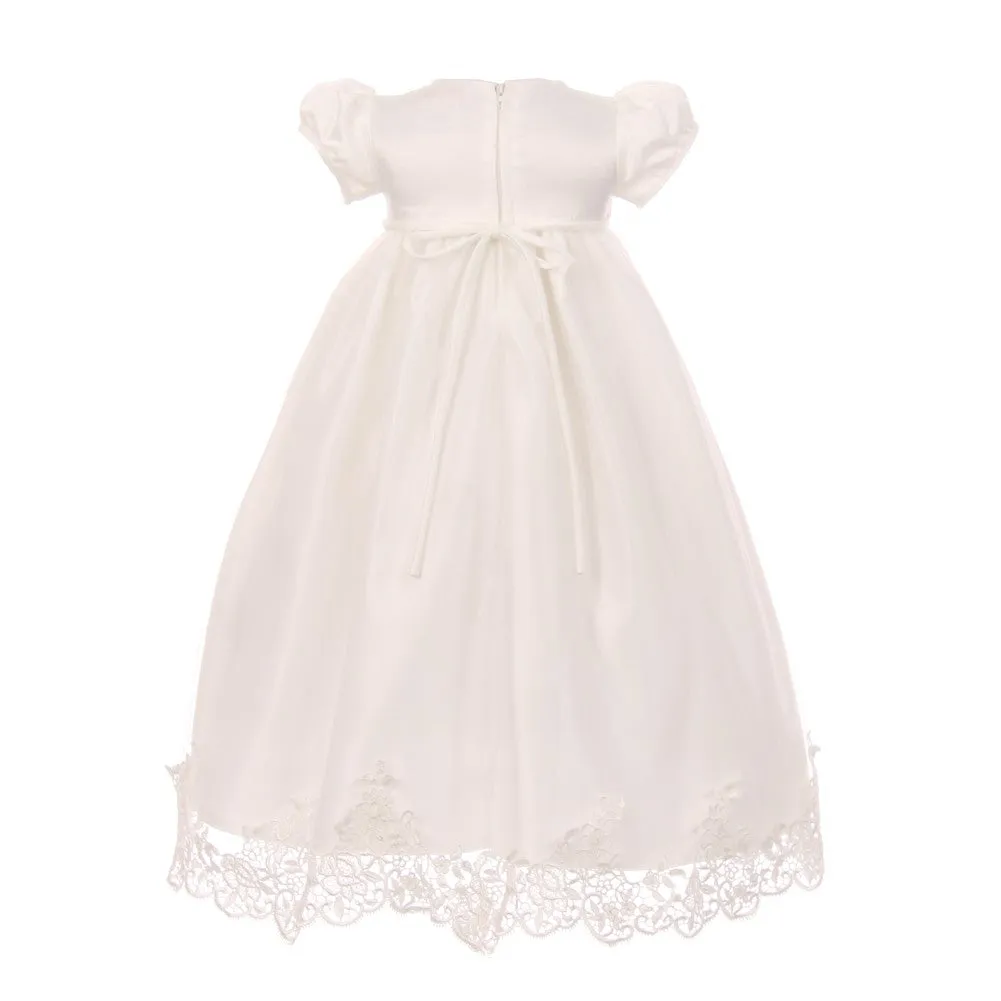 Baby Girls Ivory Lace Satin Tulle Overlay Bonnet Baptism Dress 0-12M