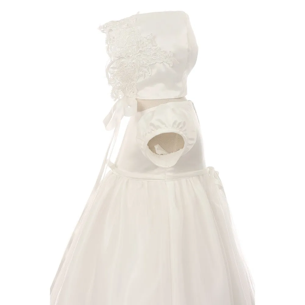 Baby Girls Ivory Lace Satin Tulle Overlay Bonnet Baptism Dress 0-12M