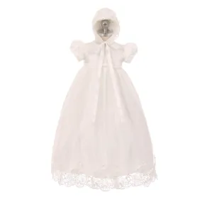 Baby Girls Ivory Lace Satin Tulle Overlay Bonnet Baptism Dress 0-12M