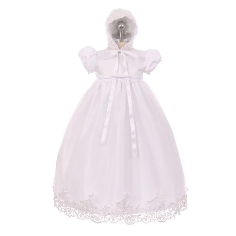 Baby Girls Ivory Lace Satin Tulle Overlay Bonnet Baptism Dress 0-12M