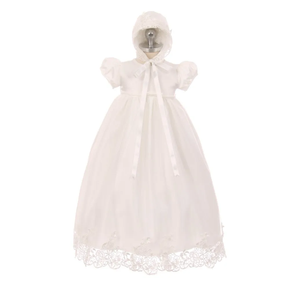 Baby Girls Ivory Lace Satin Tulle Overlay Bonnet Baptism Dress 0-12M