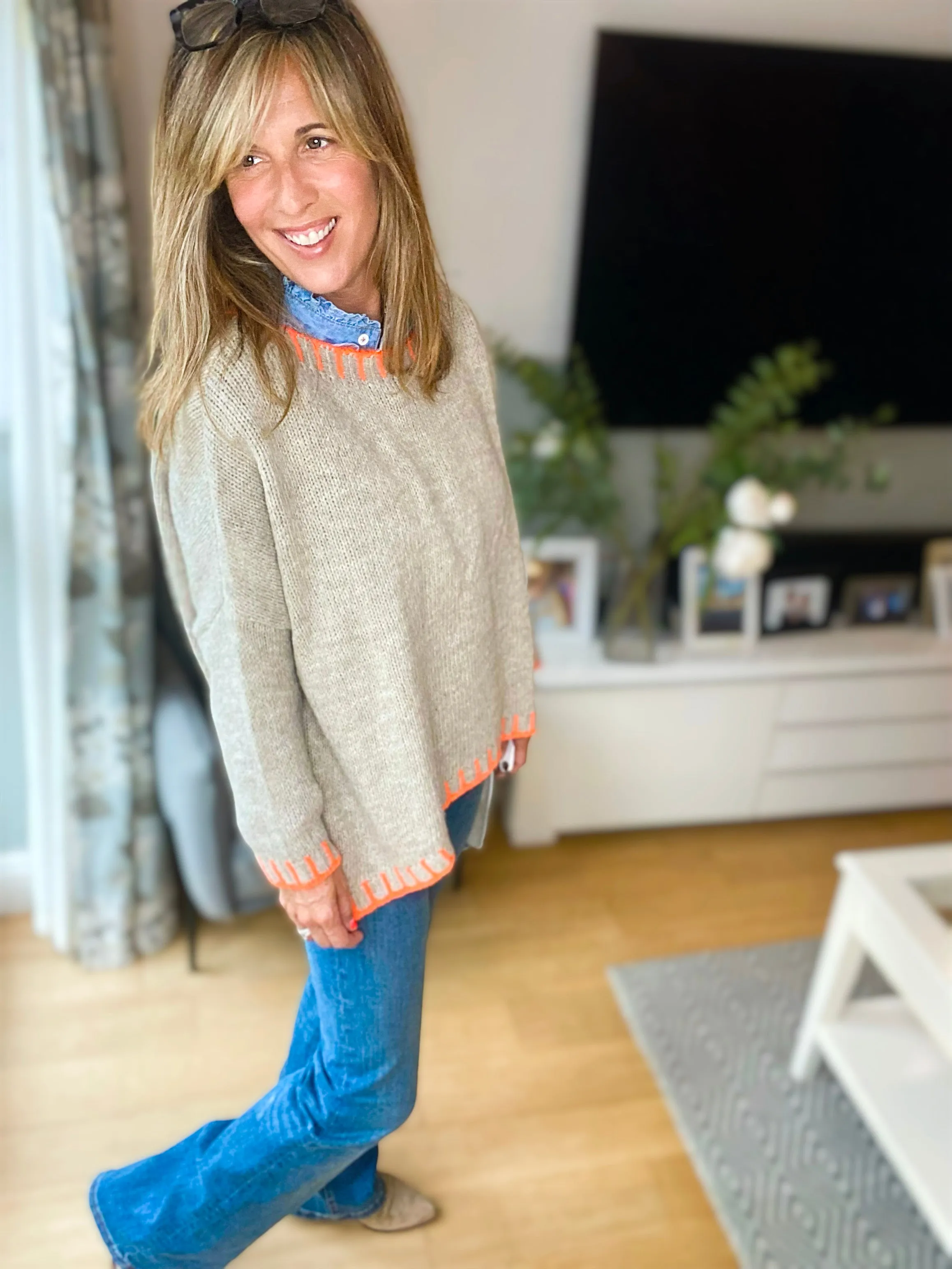 Beige & Neon Orange Trim Jumper