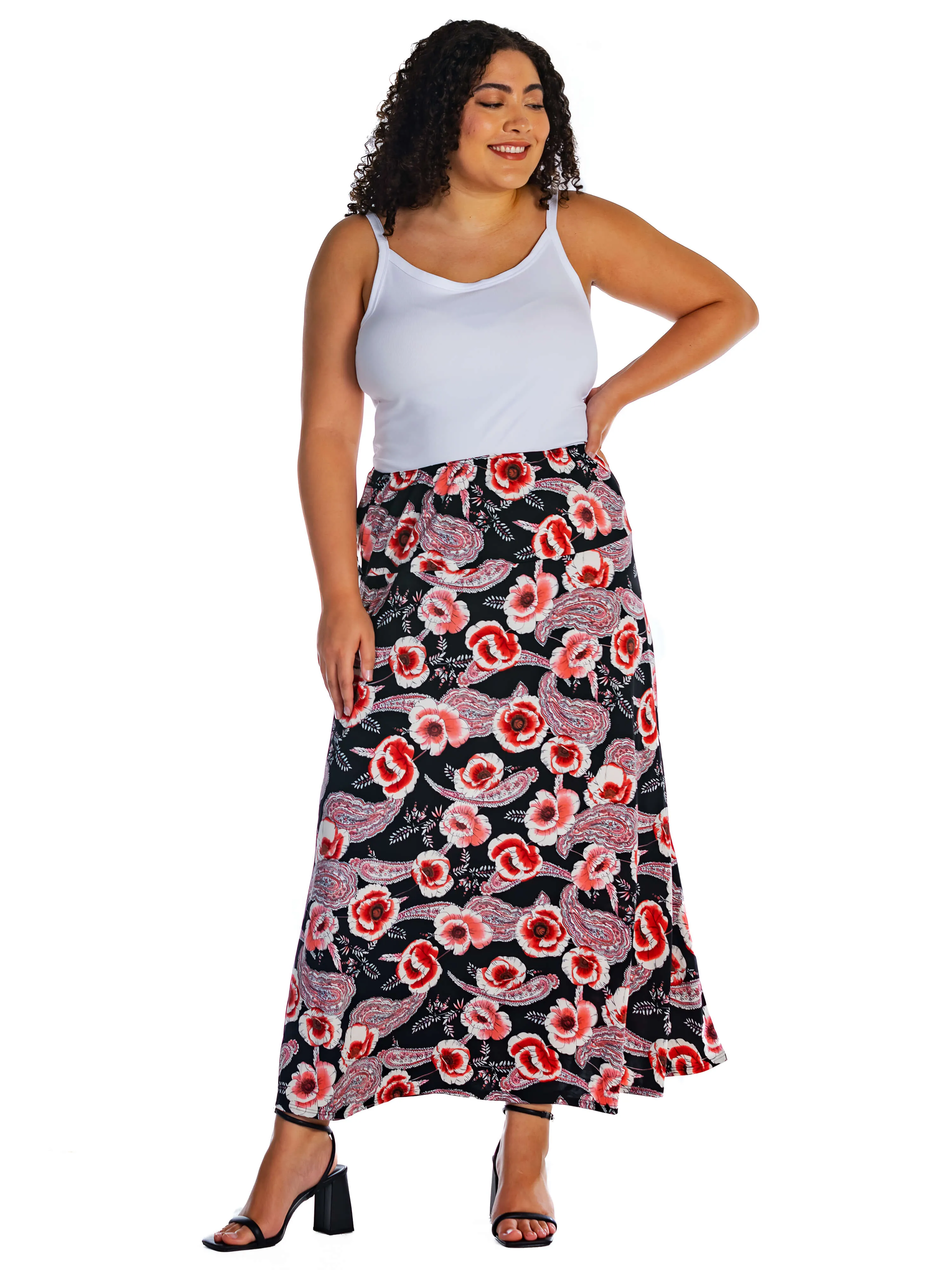 Black and Red Floral Plus Size Maxi Skirt