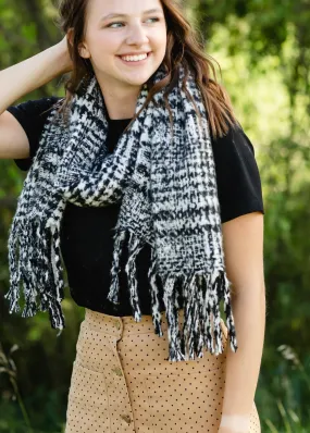 Black Boucle Knit Houndstooth Scarf