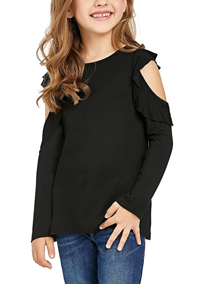 Black Melange Long Sleeves Ruffled Cold-Shoulder Girl Top