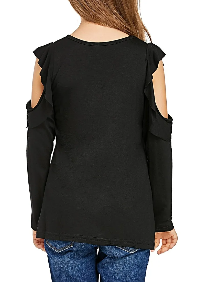 Black Melange Long Sleeves Ruffled Cold-Shoulder Girl Top