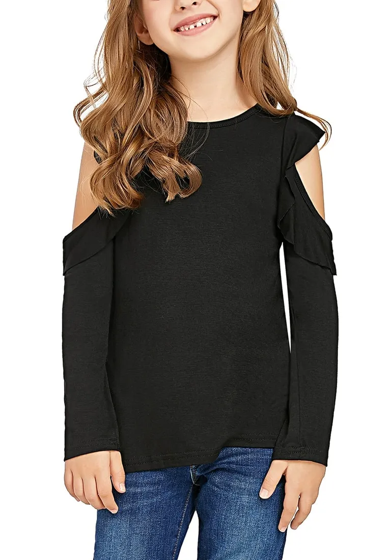 Black Melange Long Sleeves Ruffled Cold-Shoulder Girl Top