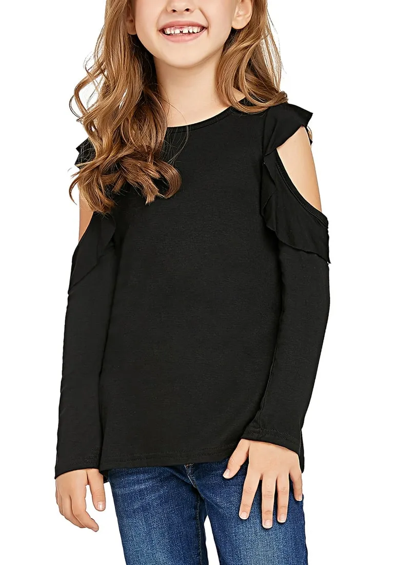 Black Melange Long Sleeves Ruffled Cold-Shoulder Girl Top