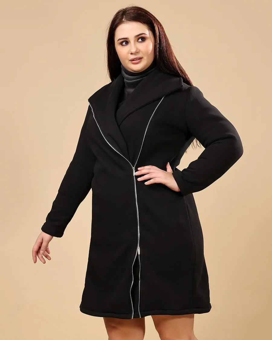 Black Solid Ziip Up Overcoat