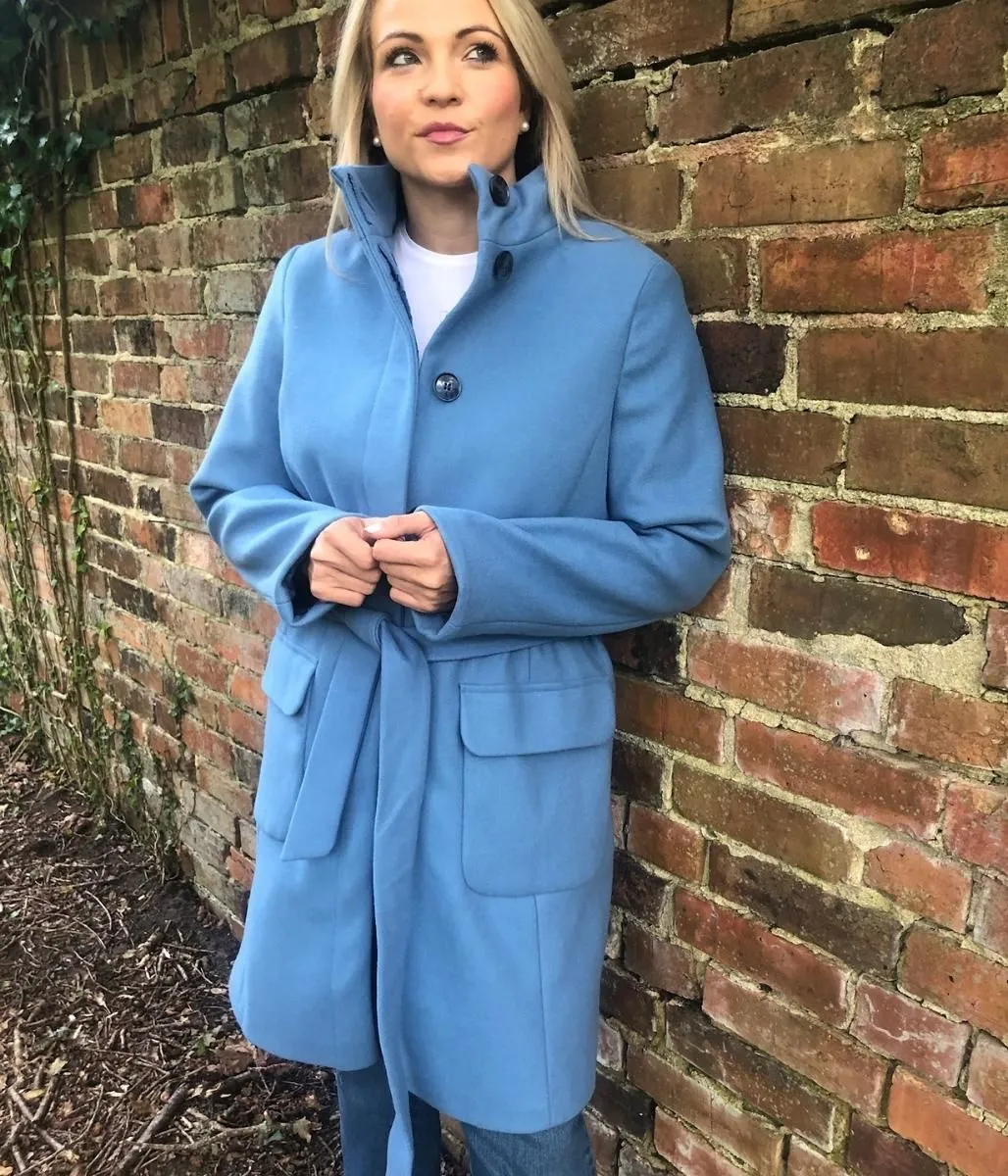 Blue Belted Funnel Neck Coat