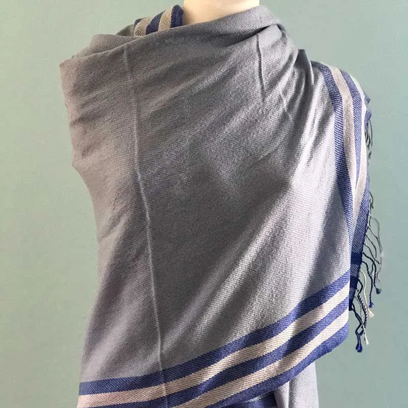 Blue Check Cashmere Shawl Scarf