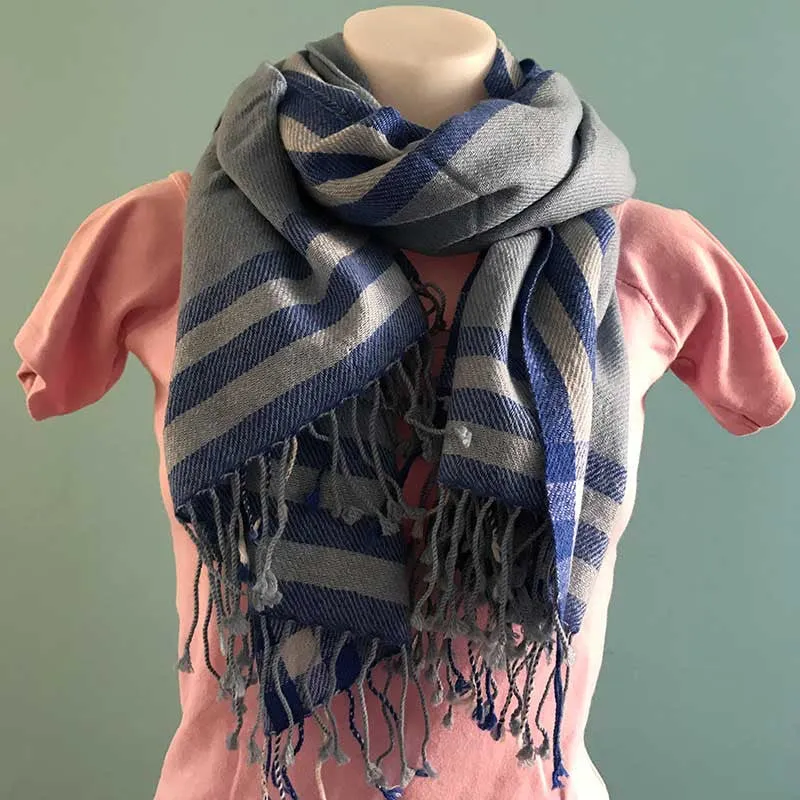 Blue Check Cashmere Shawl Scarf