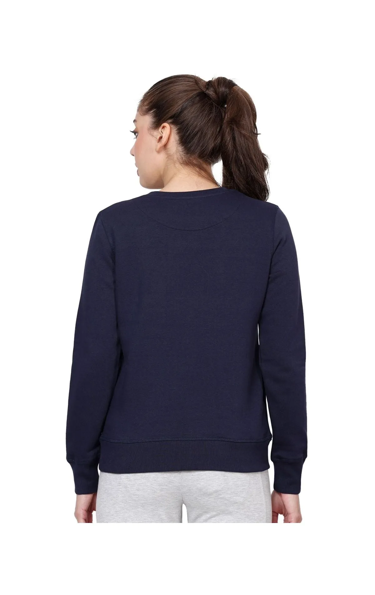 Bodyactive Women Cotton Fleece Blend Dark Blue Solid Crew Neck Sweatshirt-TSW112_NVY