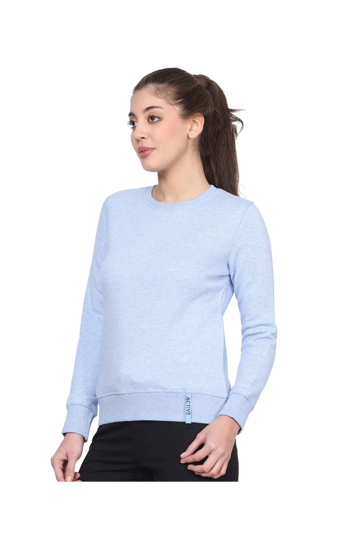 Bodyactive Women Cotton Fleece Blend Light Blue Solid Crew Neck Sweatshirt-TSW112_SKBLU