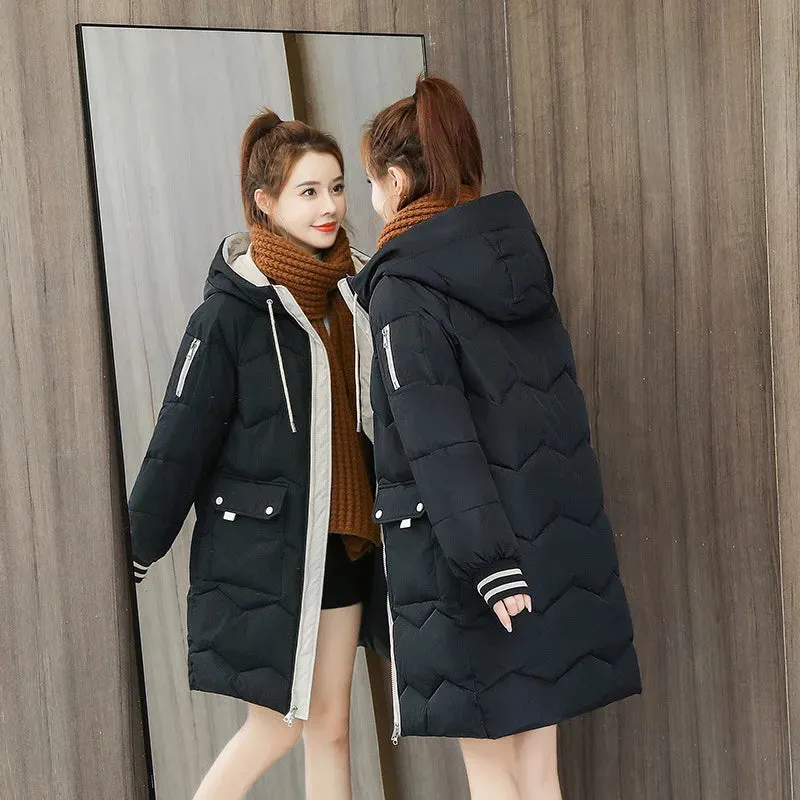 Bonnyshow Women Winter Coat Mid-length Cotton Padded Parkas Hooded Warm Thicken Casual Overcoat Loose Snow Wear Solid Outwear Jacket 4XL