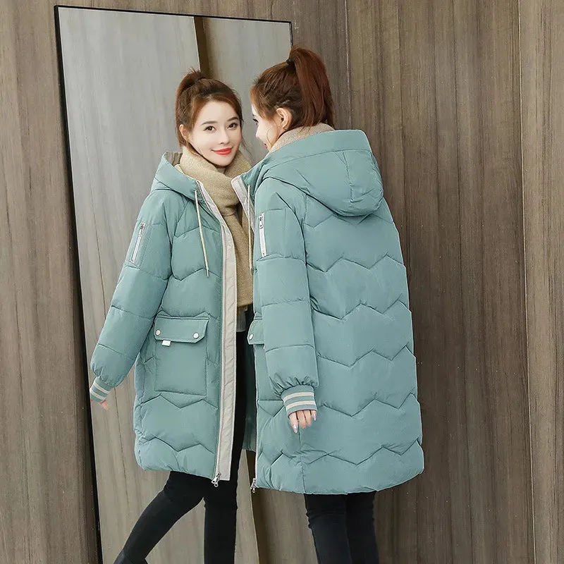 Bonnyshow Women Winter Coat Mid-length Cotton Padded Parkas Hooded Warm Thicken Casual Overcoat Loose Snow Wear Solid Outwear Jacket 4XL