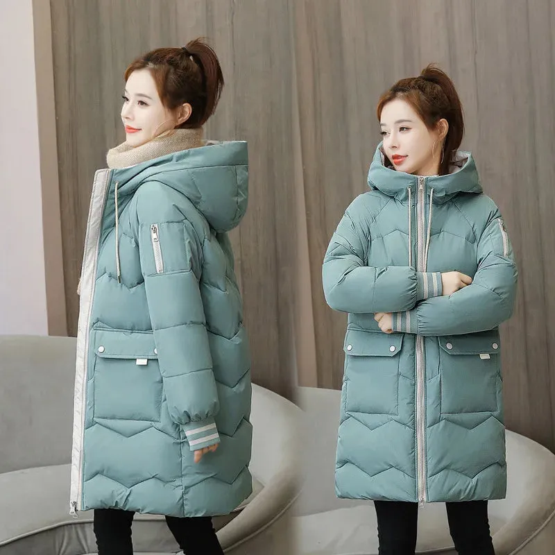 Bonnyshow Women Winter Coat Mid-length Cotton Padded Parkas Hooded Warm Thicken Casual Overcoat Loose Snow Wear Solid Outwear Jacket 4XL