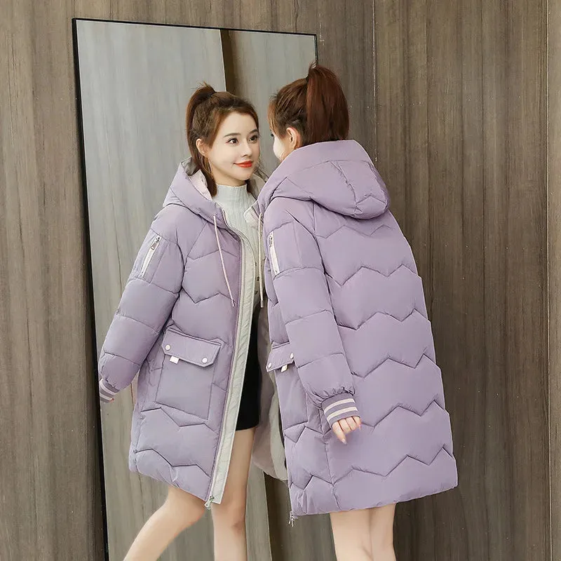 Bonnyshow Women Winter Coat Mid-length Cotton Padded Parkas Hooded Warm Thicken Casual Overcoat Loose Snow Wear Solid Outwear Jacket 4XL