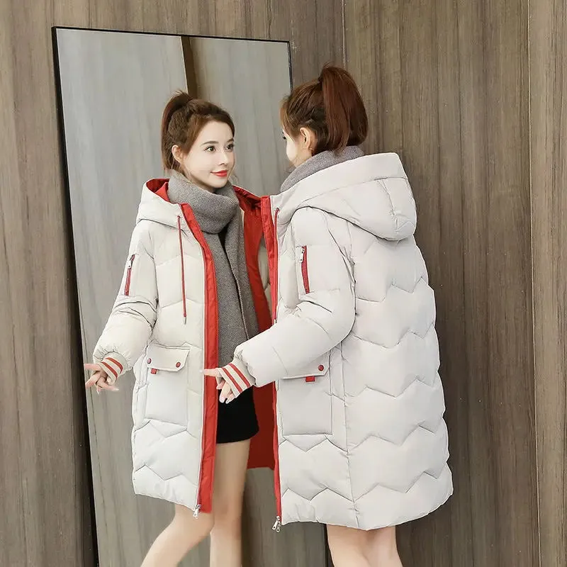 Bonnyshow Women Winter Coat Mid-length Cotton Padded Parkas Hooded Warm Thicken Casual Overcoat Loose Snow Wear Solid Outwear Jacket 4XL