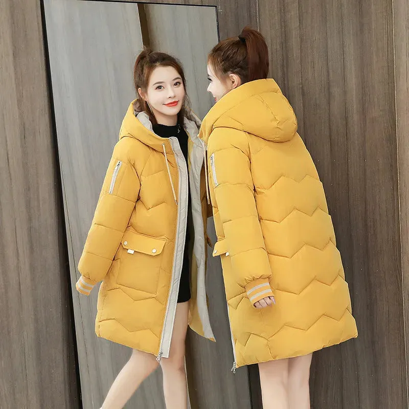 Bonnyshow Women Winter Coat Mid-length Cotton Padded Parkas Hooded Warm Thicken Casual Overcoat Loose Snow Wear Solid Outwear Jacket 4XL