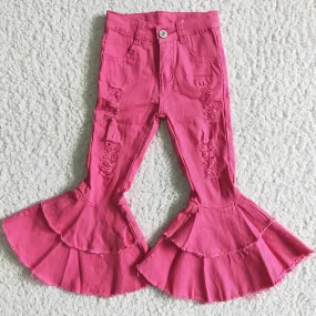 Boutique Baby Girls Denim Pants Pink Fashion Girls Jeans Bell Bottom Pants Double Ruffle D14-14