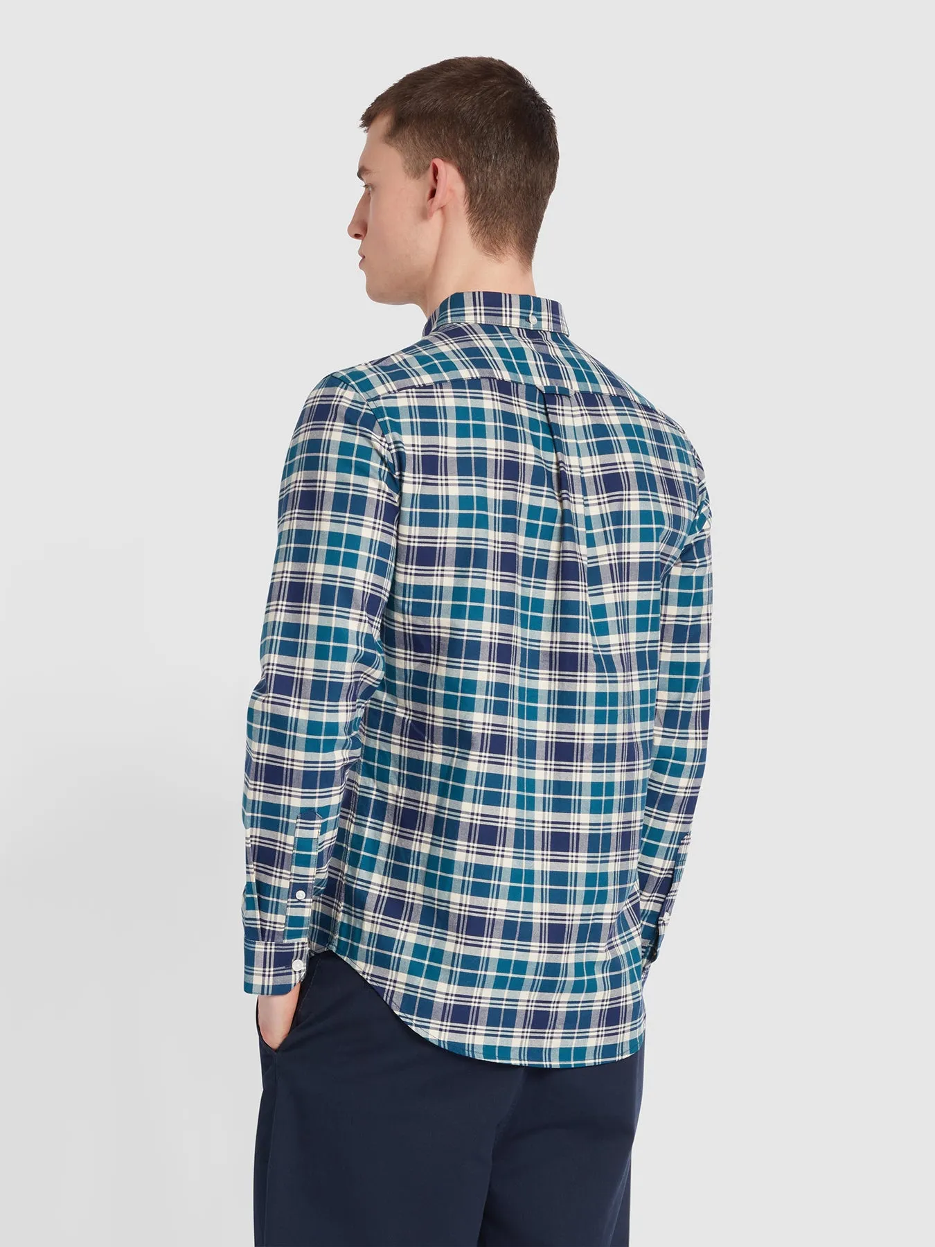 Brewer Slim Fit Check Organic Cotton Long Sleeve Shirt In Rich Indigo