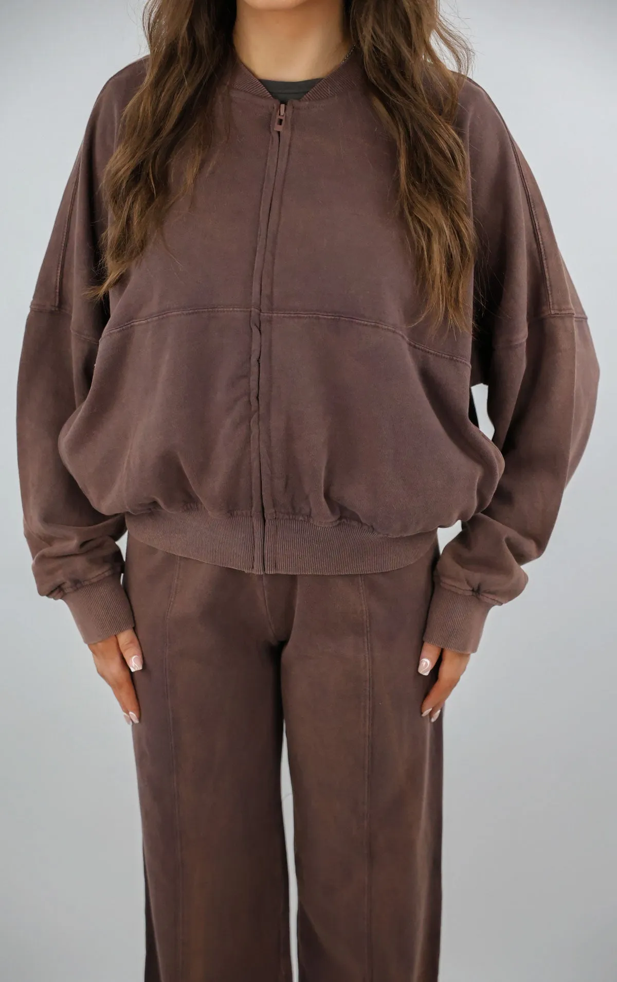 Brown Acid Washed Effect Zip Bomber & Joggers Loungewear Co-ord Set