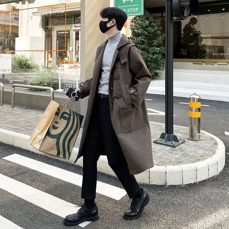 Chicmy-Korean-style Woolen Trench Men Horn Button Casual Long Windbreaker Winter Hooded Jacket Coats Fashion Trenchcoat