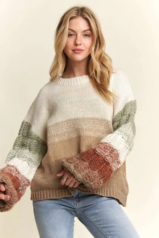 Coffee Puff Sleeve Ombre Sweater Top