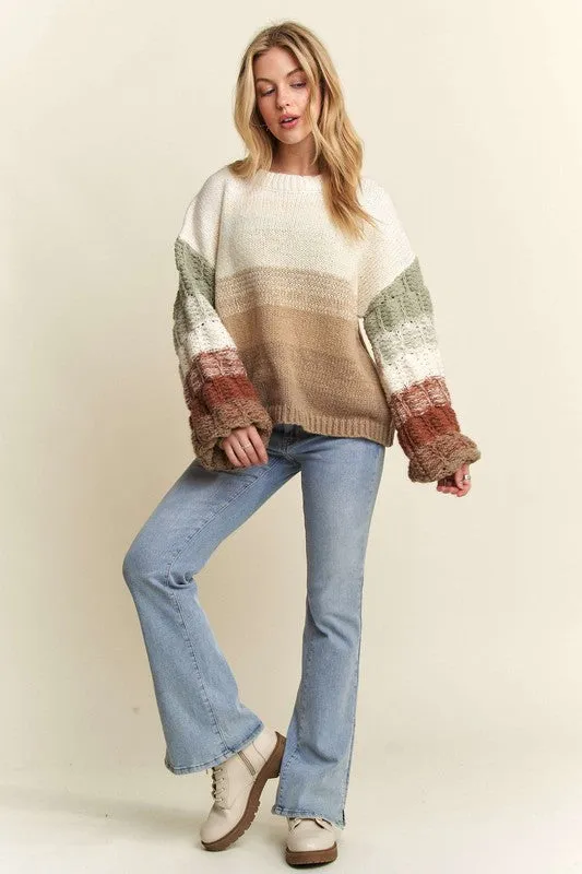 Coffee Puff Sleeve Ombre Sweater Top