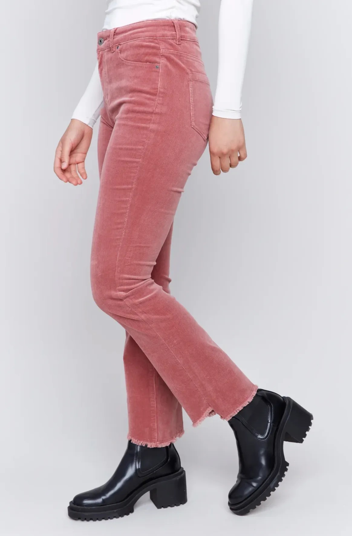 Corduroy Asymetrical Hem Bootcut Leg Pant - Rose