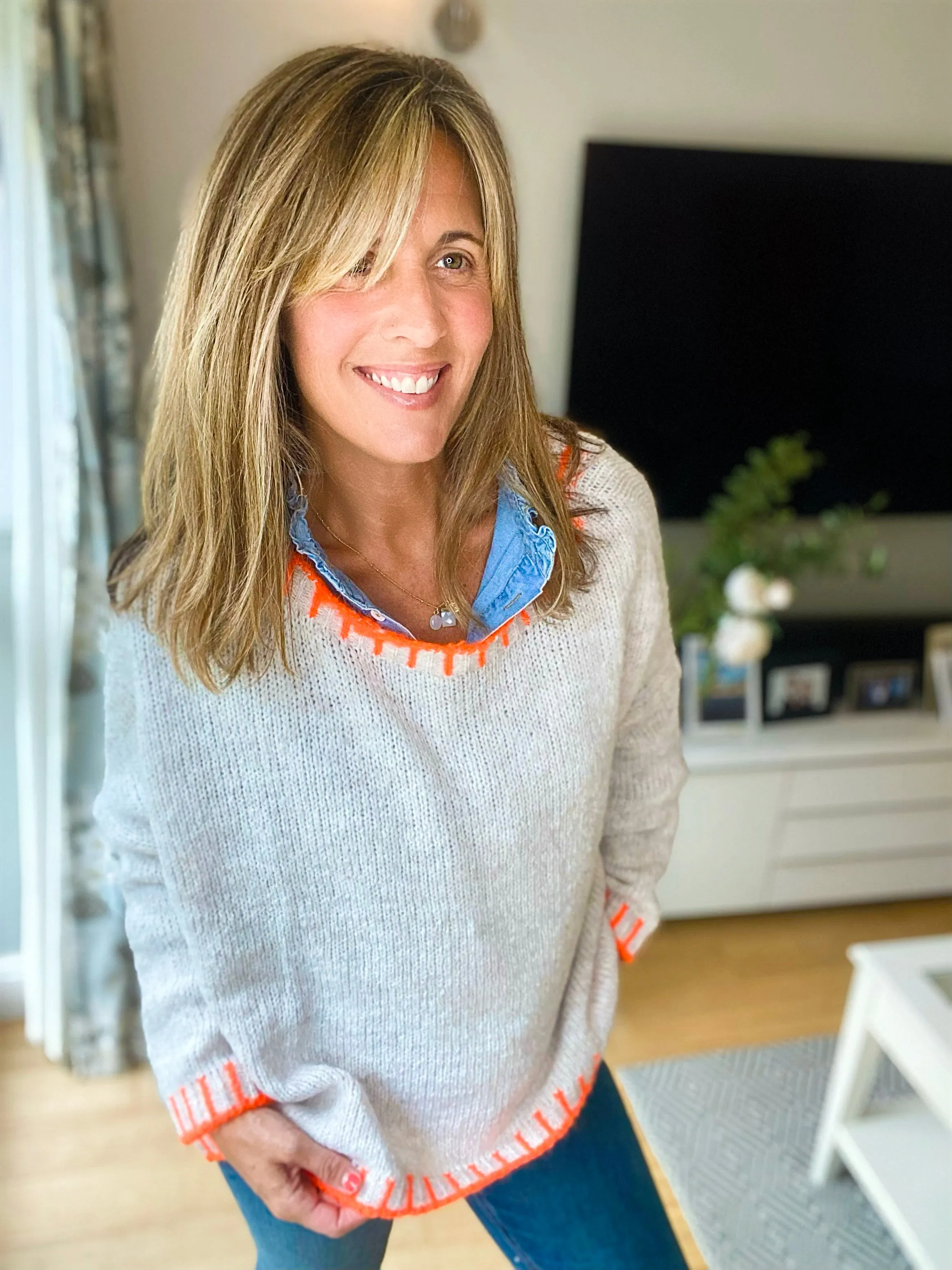 Cream & Neon Orange Trim Jumper