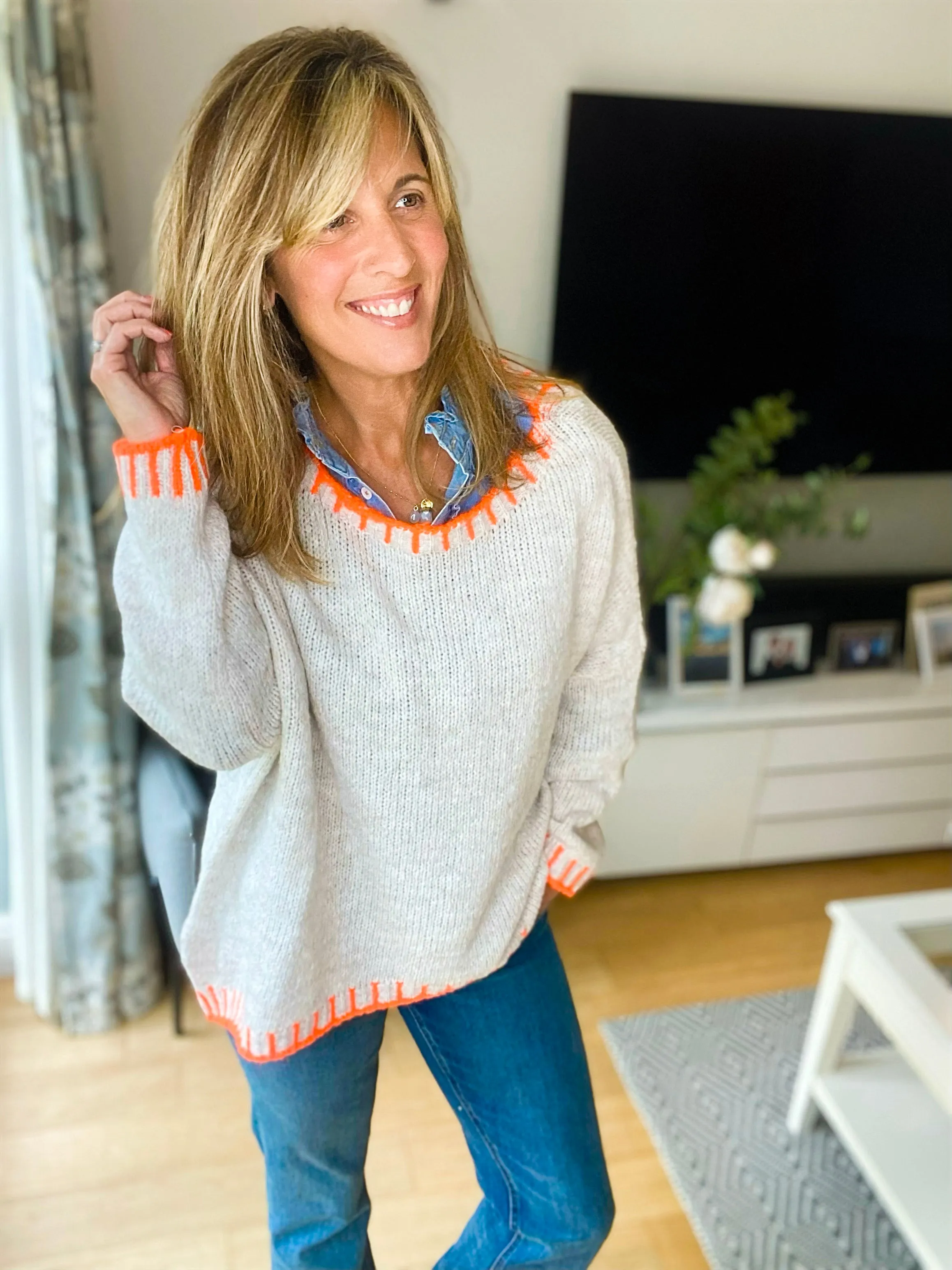 Cream & Neon Orange Trim Jumper