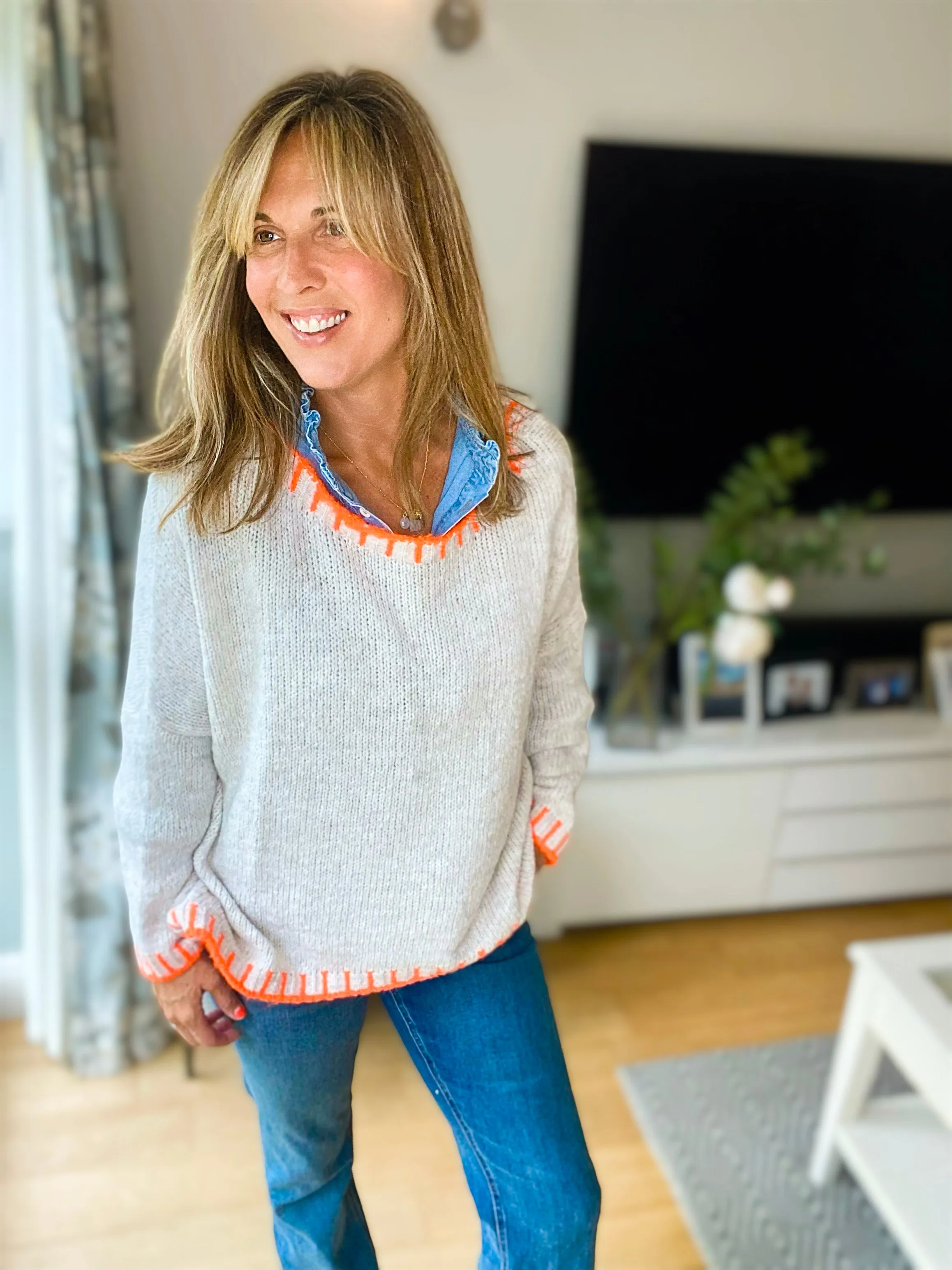 Cream & Neon Orange Trim Jumper