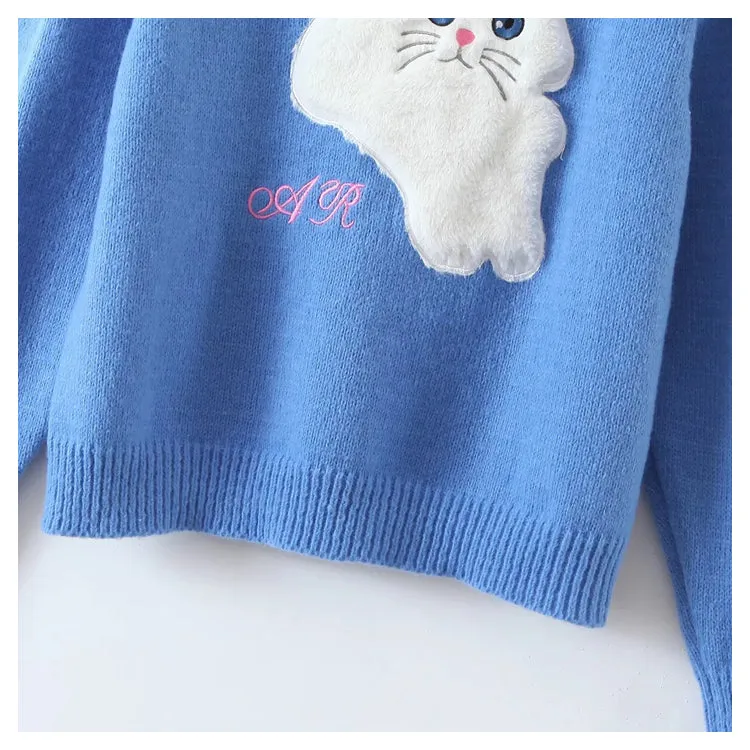 Crew neck Pullover cartoon cat loose sweater  7454