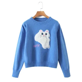 Crew neck Pullover cartoon cat loose sweater  7454