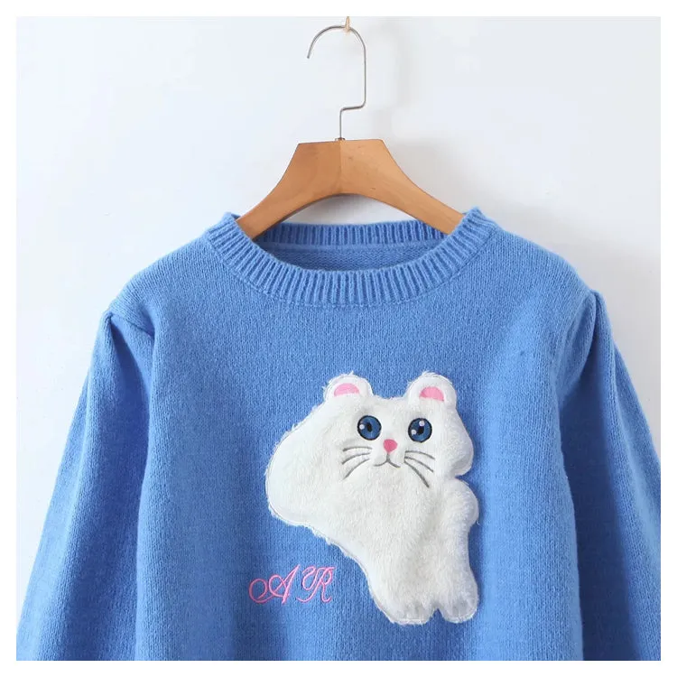 Crew neck Pullover cartoon cat loose sweater  7454