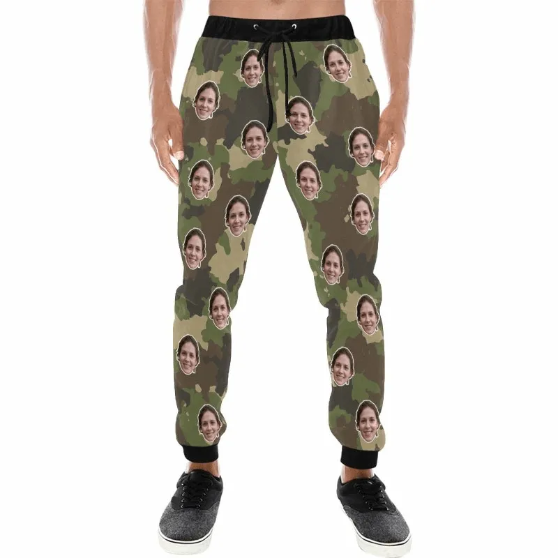 Custom Face Green Camouflage Sweatpants Couple Matching Personalized Casual Sweatpants