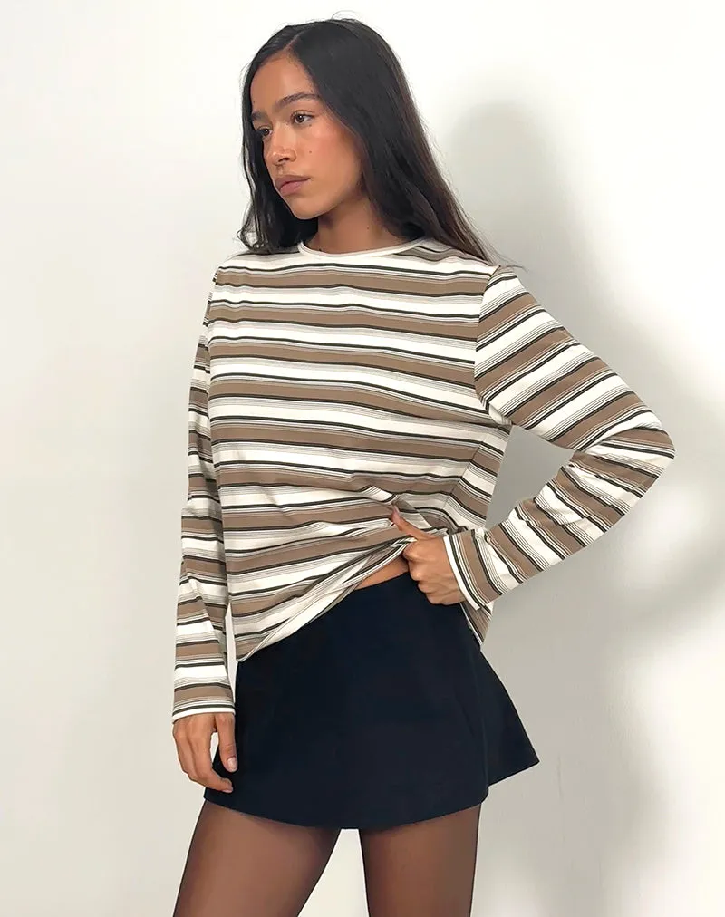 Dafika Long Sleeve Jersey Top in Brown and White Stripe