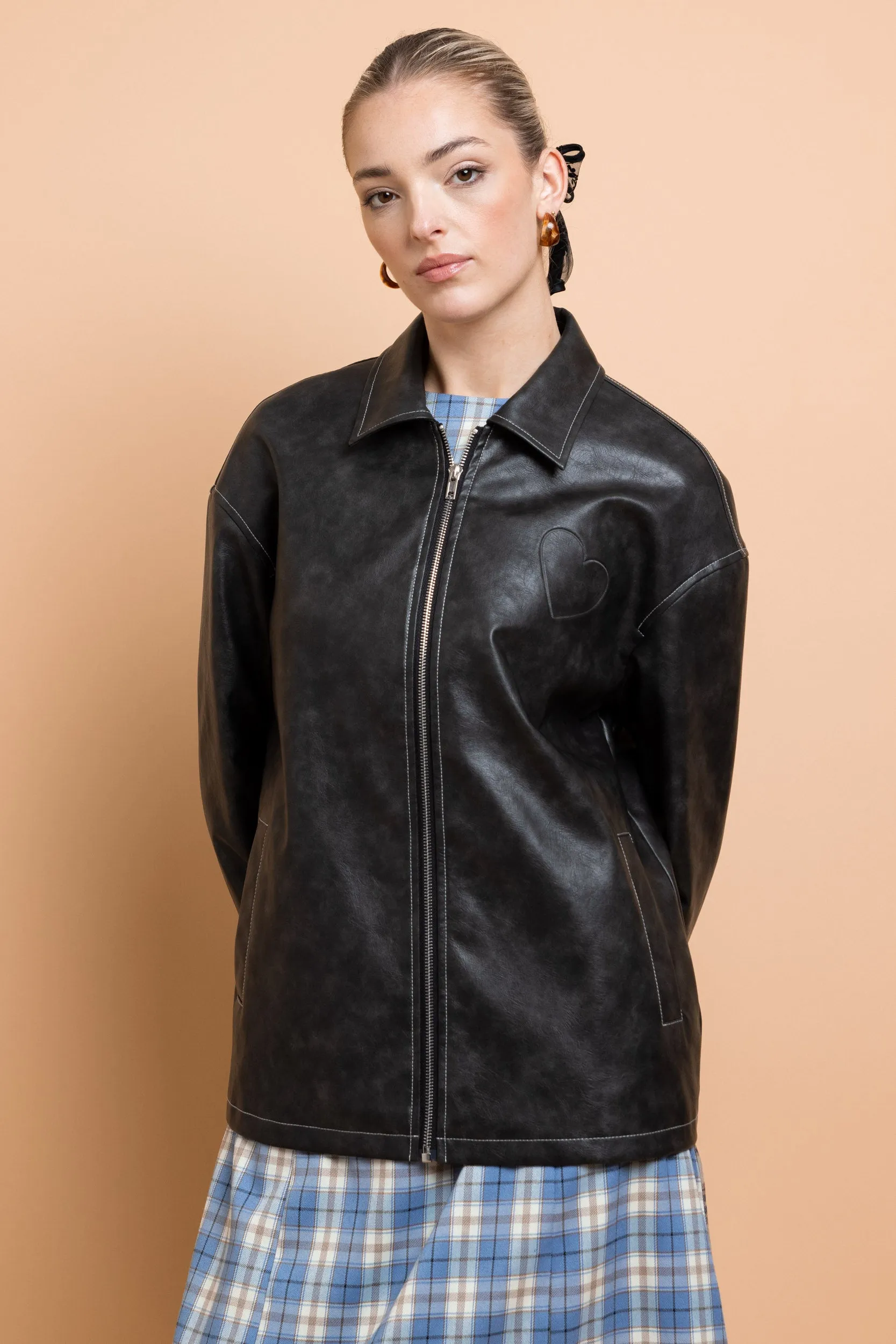 Daisy Street - Black PU Boxy Jacket with Los Angeles Applique