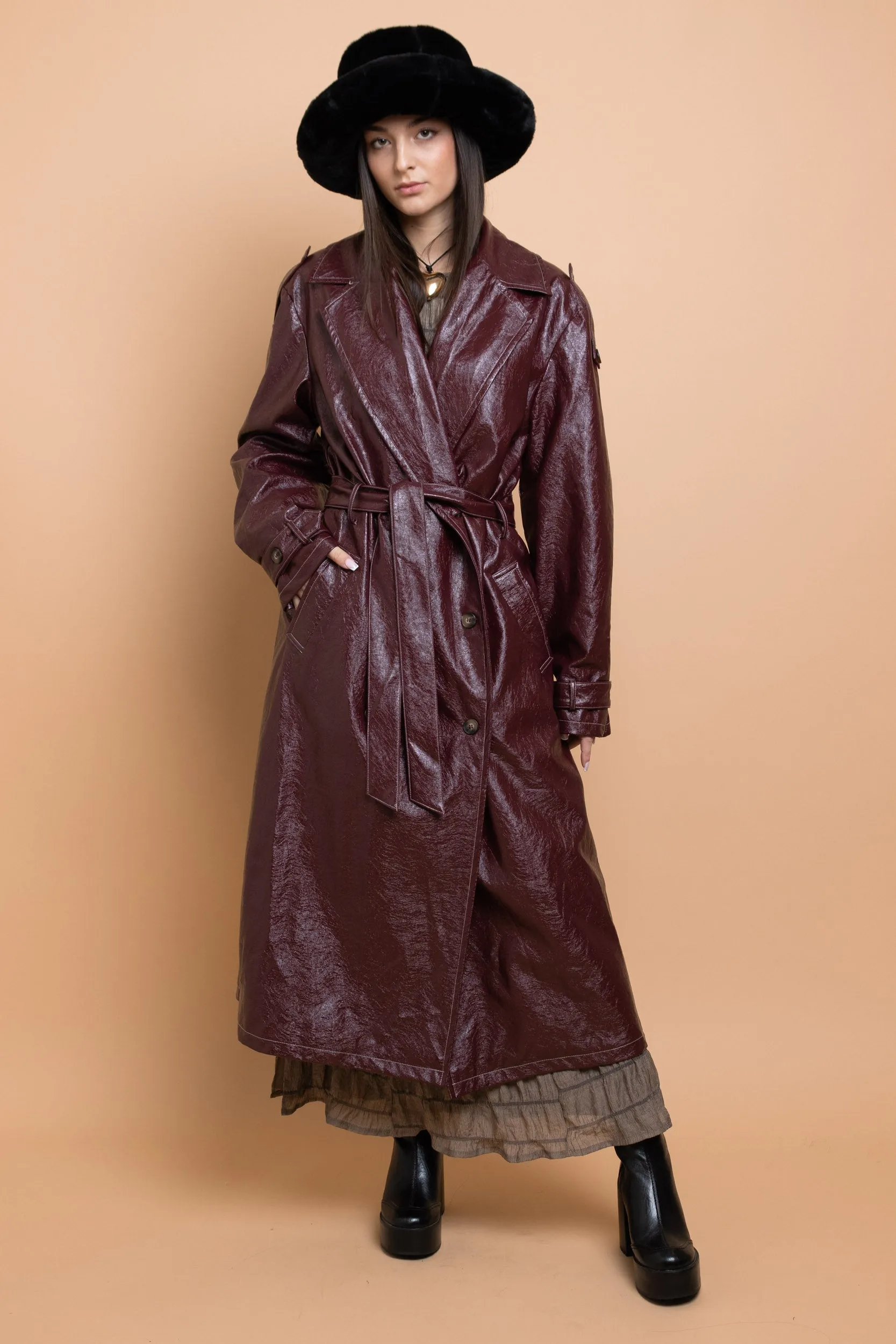 Daisy Street - Cranberry Red PU Trench Coat